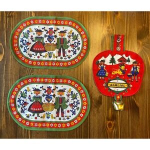 Vintage Kolf Austria Folk Art Placemats and Wall Hanging Bell Set Cotton Red